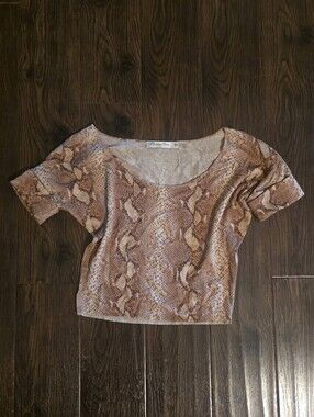 Designer Christian Dior Scoop Neck Snake-Print Tee in Brown and Tan